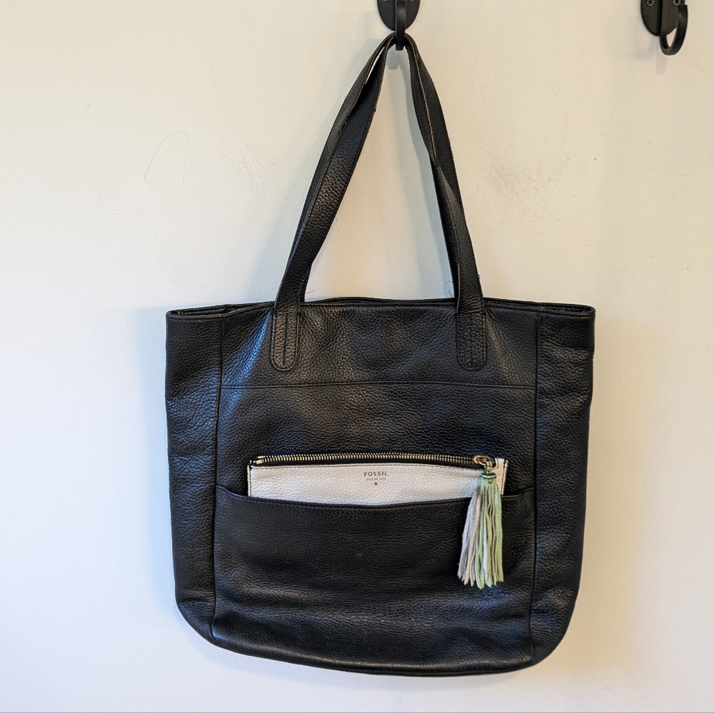 Fossil Women's Black Pebbled Leather Tote Bag With Clutch